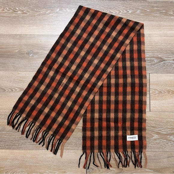 Ports International Virgin Wool Plaid Scarf Brown Orange Fringe Vintage 53” - Picture 3 of 5